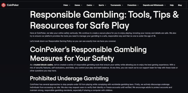 An image of the responsible gambling section at CoinPoker, illustrating the importance of being careful with your bankroll management.